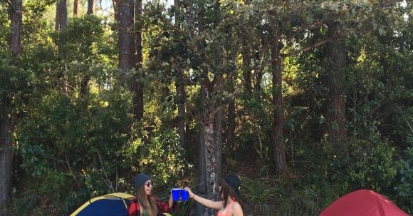 Coolers At Campsite - Women Toasting Their Plastic Cups